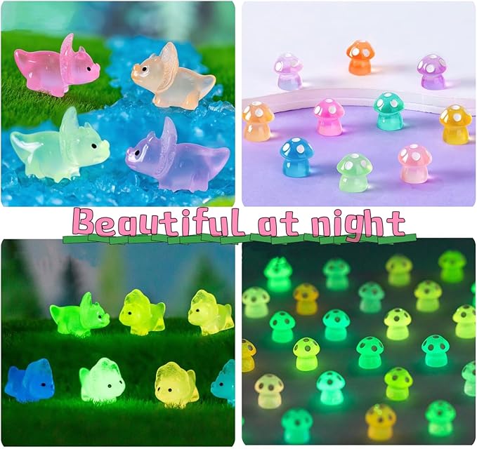 148Pcs Luminous Mini Resin Animals, Tiny Ducks Glow in The Dark Dolphins Dinosaurs Mushrooms 4 Combination Resin Set, Miniature Figures for Garden Decoration Aquarium Home Party Decor-VerdiqueGarden