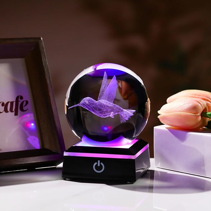 Qianwei 3D Crystal Ball Hummingbird Gift - 3.14'' 80mm Laser Decor Glass Animal Figurine Statue for Room Decorations With Night Light-VerdiqueGarden