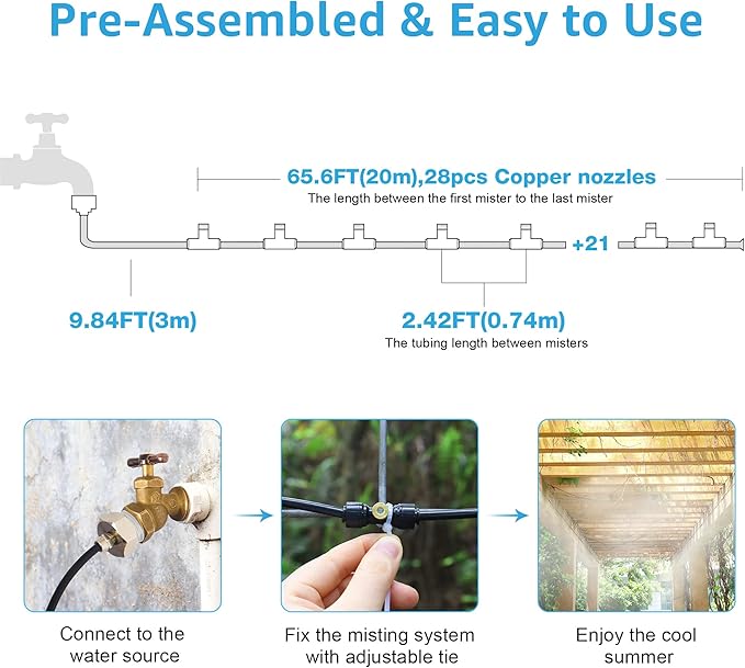 Bonviee Misters for Outside Patio - 75FT Misting Cooling System with 28 Brass Nozzles and 3/4" Adapter, 23M DIY Outdoor Misters Kit for Garden, Greenhouse, and Patio Cooling-VerdiqueGarden