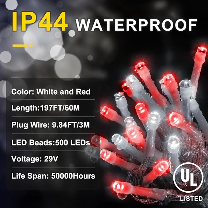 KNONEW 197FT 500 LED Christmas Lights Outdoor String Lights 8 Modes & Memory Fairy Light Plug in Waterproof LED String Lights for Xmas Yard Tree Wedding Party Holiday Decorations (Red and White)-VerdiqueGarden