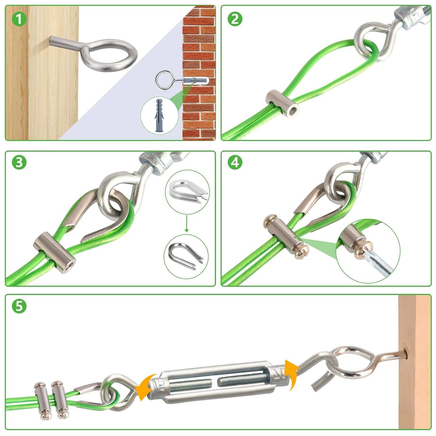 Turnbuckles for Cables Wire, 1/8" X 100Ft Green PVC Coated Wire Rope Kit, Multi-use Steel Cable for Grape Vines/Clothes Line Outdoors for T Post/String Light Hanging/Garden Cable-VerdiqueGarden