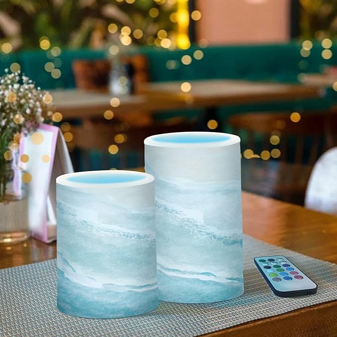 Flickering Flameless Candles, Bohemian Beach LED Candles with Remote Timer, Set of 2 Battery Operated Candle for Valentine Wedding Birthday-VerdiqueGarden