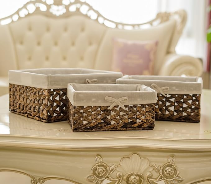 Rectangular Woven Seagrass Storage Bins with Handle,Kingwillow. (water hyacinth, Set of 3)-VerdiqueGarden