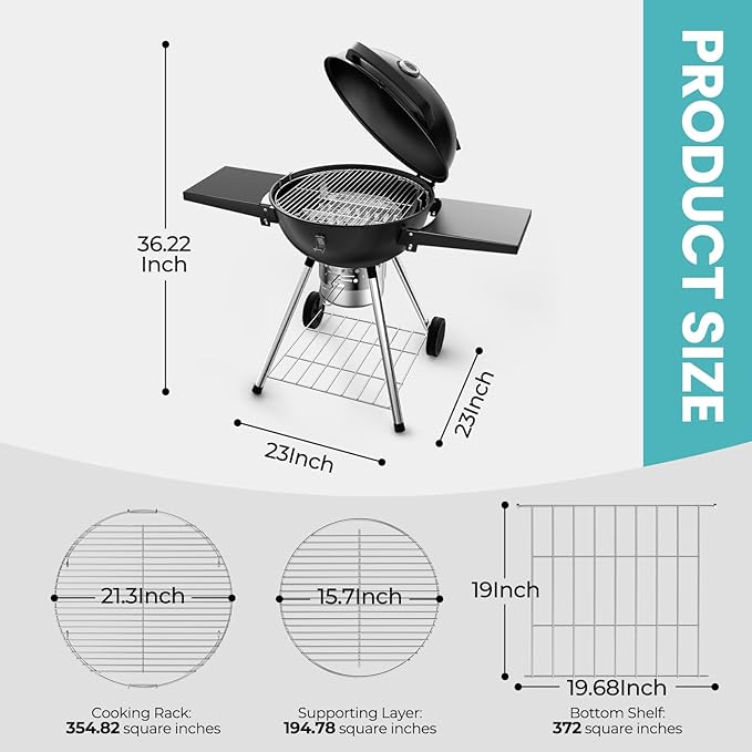 Premium 22 Inch Charcoal Grills with 2 Foldable Tables, BBQ Grill with Cover, Outdoor Barbecue Grill with Ash Catcher, Portable Charcoal Kettle Grills with Wheels for Camping Party Backyard-VerdiqueGarden