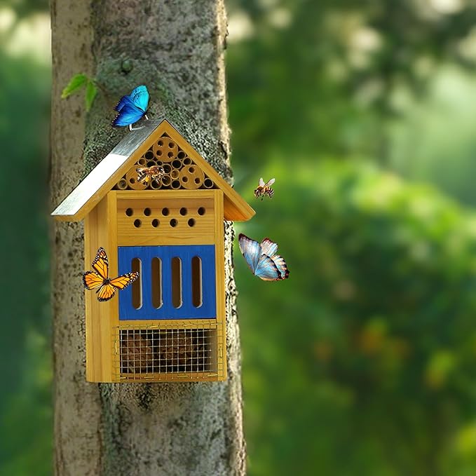Wooden Butterfly House & Bee House for The Garden, Durable Bug Hotel W/Wooden Stake and Iron Roof, Insect Habitat On The Ground Or Hanging On The Tree, for Butterfly, Bee, Ladybug, Bug-VerdiqueGarden