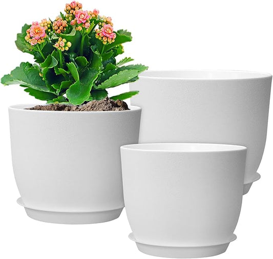 10/9/8 inch Medium Flower Pots, 3 Pack Modern Decorative Plastic Planters with Drainage Holes and Tray, Plant Pots for Indoor Outdoor Plants, White-VerdiqueGarden