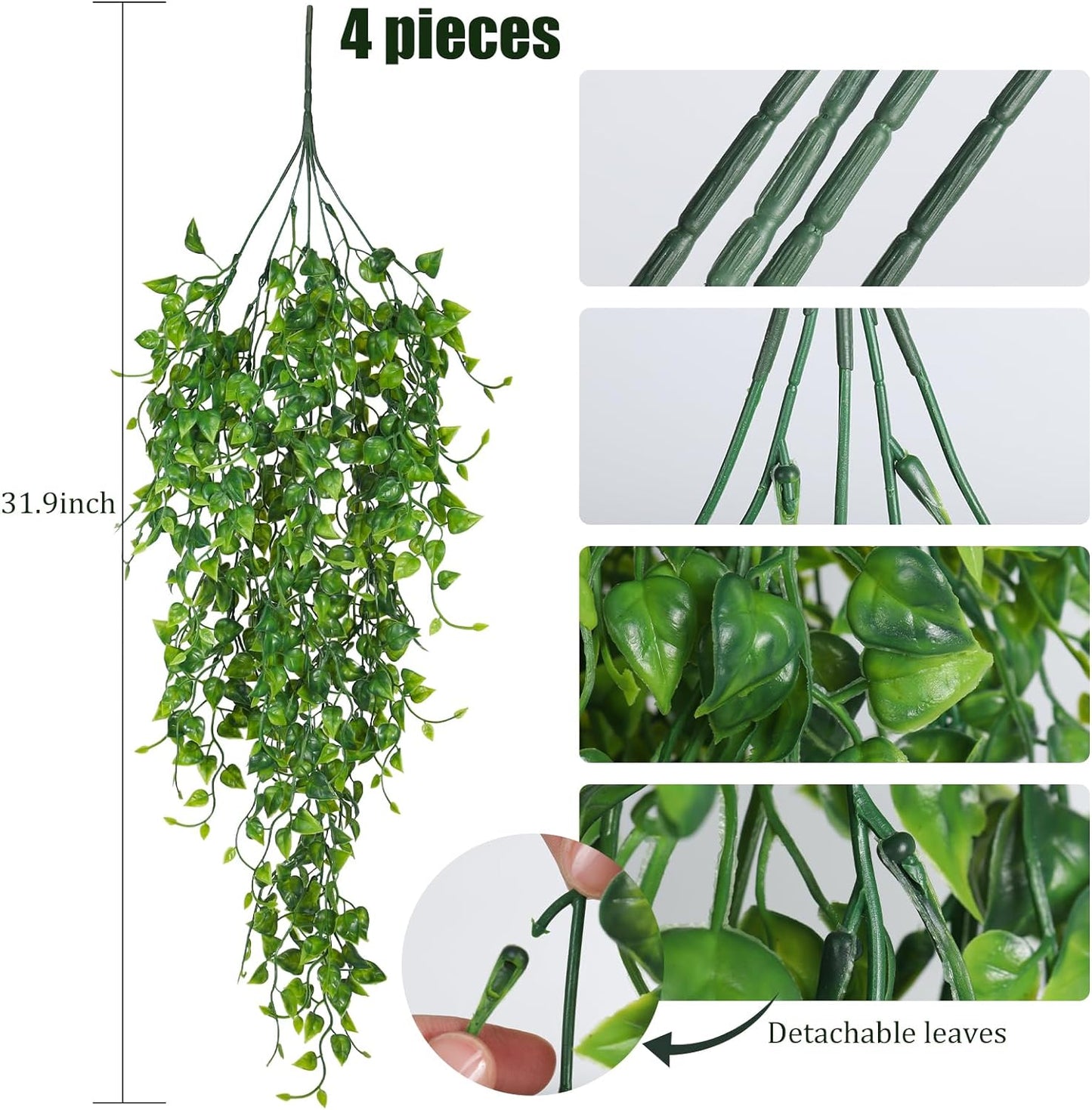 RECUTMS Artificial Hanging Plants 4pcs 33Inch Fake Wall Plant Faux Eucalyptus Leaves Ivy Swag UV Resistant Plastic Greenery Indoor Outdoor Home Garden Wedding Jungle Party Patio Office Shelf Decor-VerdiqueGarden