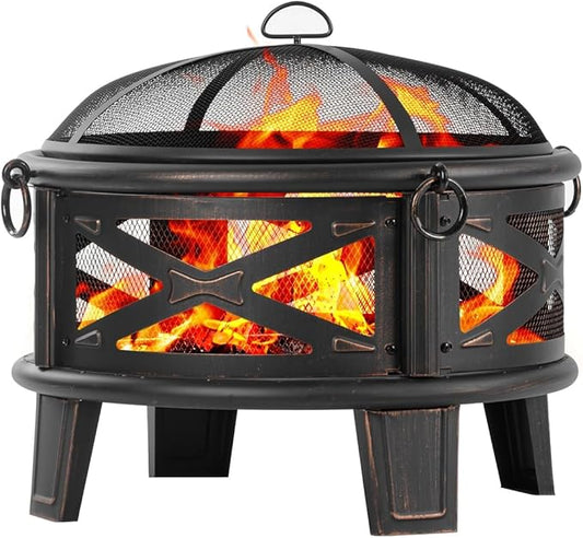Breezz 26 Inch Wood Burning Fire Pit with Cooking Grill and Spark Screen, Outdoor Metal Round Firepit for Patio, Backyard, Bonfire Party, Camping-VerdiqueGarden