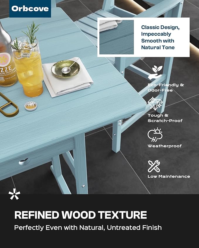 3-Piece Bar Height Outdoor Table and Chairs Set, HDPE Wood Grain Patio Bar Table and Chairs with Heart Cutout Design, Weather-Resistant Bar Height Furniture for Deck, Porch, Pool (Light Blue)-VerdiqueGarden