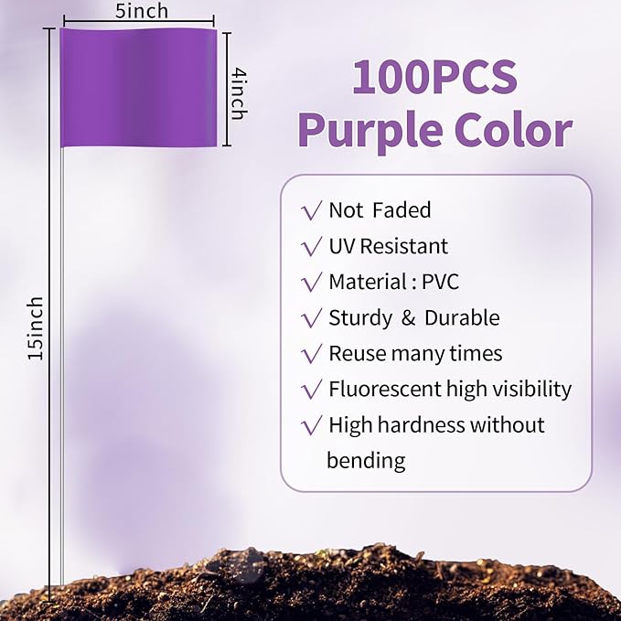Zozen 100Pack Purple Marking Flags, Writable | 15x4x5 Inch, Yard Flags for Lawn & Irrigation & Landscape & Sprinkler & Survey & Dog Training.-VerdiqueGarden