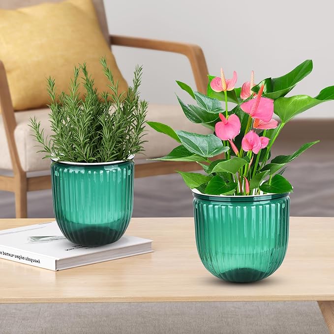 4Pcs Self Watering Hanging Planters, 6.5'' 4.5'' Hanging Flower Pots, Plastic Hanging Plant Basket with Drainage Holes, Visible Hanging Planters for Indoor Plants Garden Home(Emerald)-VerdiqueGarden