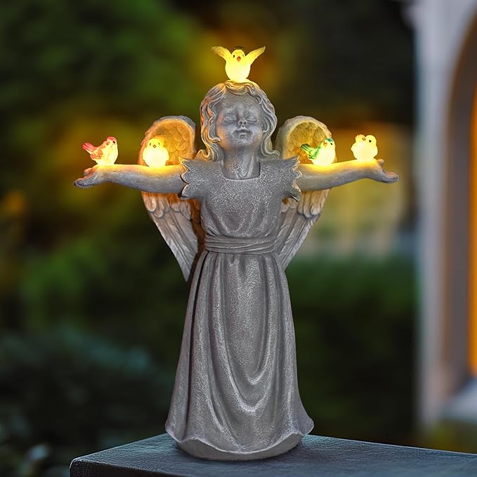 MININOVA Solar Angel Garden Statue with Birds Outdoor Solar Light Decorations Resin for Yard Patio Porch Balcony Housewarming Birthday Gifts for Women-VerdiqueGarden
