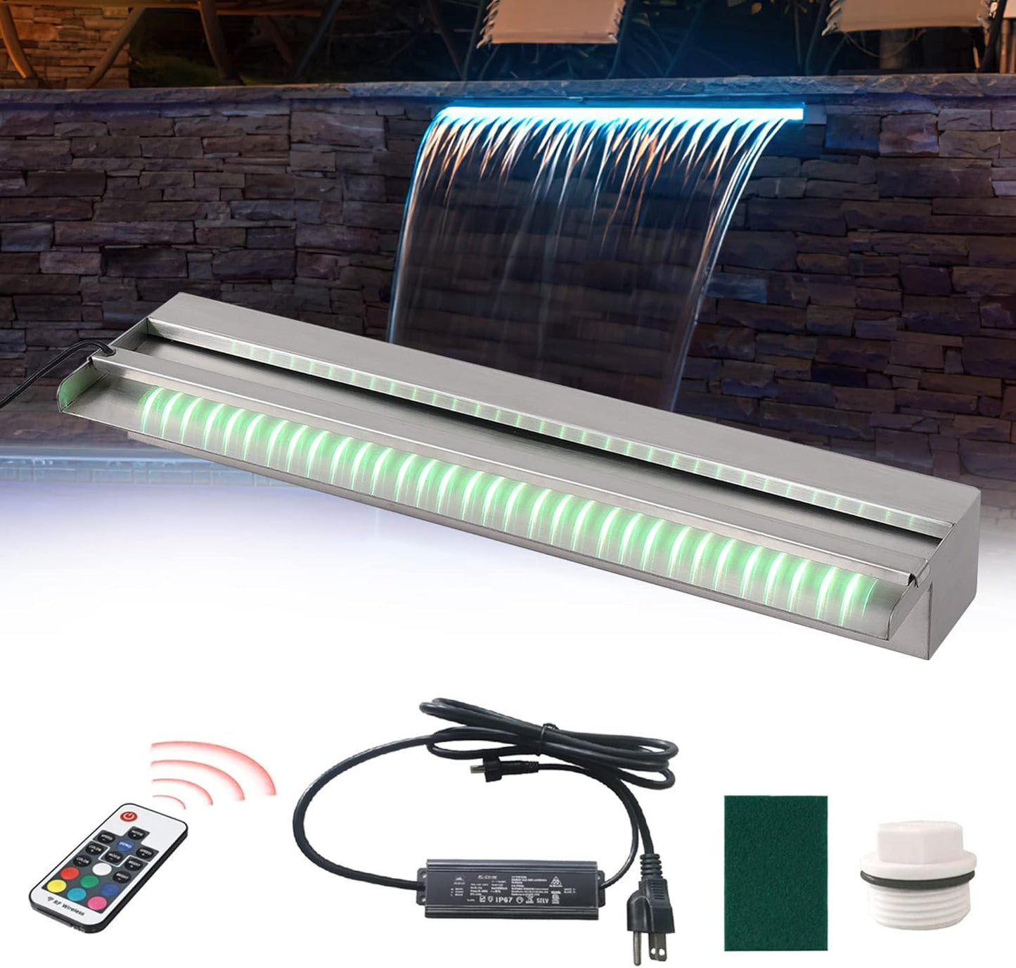 24" Water Pool Fountain 304 Stainless Steel Lighted Pool Waterfall Spillway with Wider Water Flow Platform, Multi-Color LED Strip Light with Remote Control for Indoor, Garden, Outdoor Decoration-VerdiqueGarden