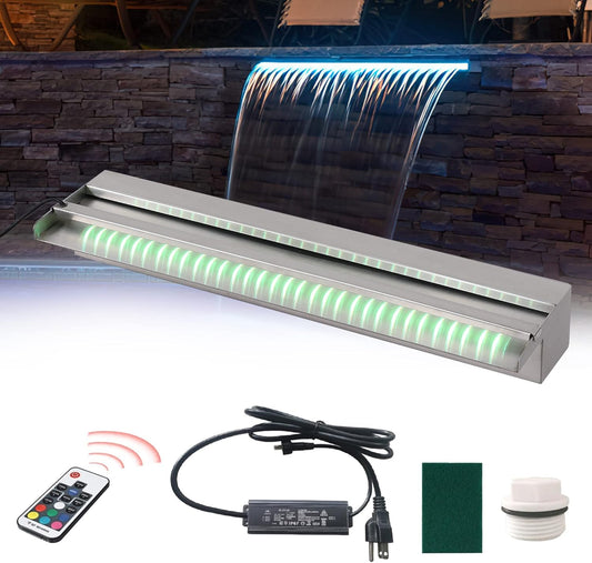 24" Water Pool Fountain 304 Stainless Steel Lighted Pool Waterfall Spillway with Wider Water Flow Platform, Multi-Color LED Strip Light with Remote Control for Indoor, Garden, Outdoor Decoration-VerdiqueGarden