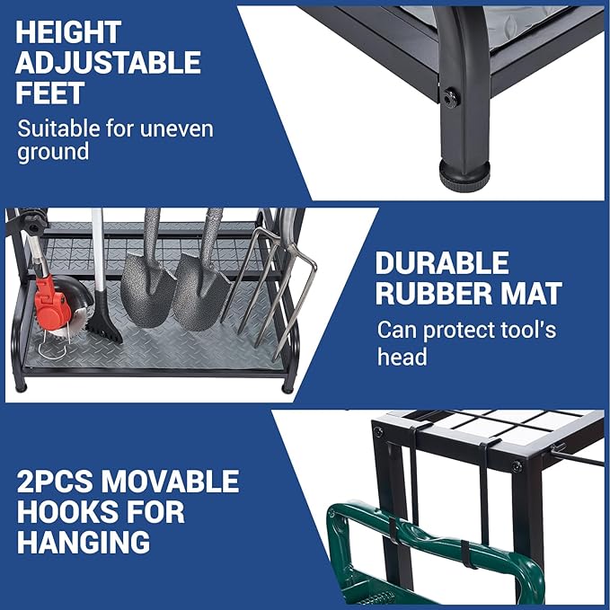 Garden Tool Organizer, Yard Tools Rack Holds 55 Long-Handled Tools/Rakes/Brooms for Garage Organization and Storage, Shed, Outdoor, Lawn, Heavy-Duty Steel, Black, Easy Assembly-VerdiqueGarden