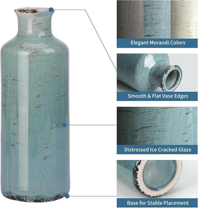 CUCUMI Ceramic Flower Vases Set of 3, Rustic Coastal Home Decor for Farmhouse Shelves, Ocean Beach Style, Mantle, Fireplace, Coffee Table, Shelf for Living Room-VerdiqueGarden