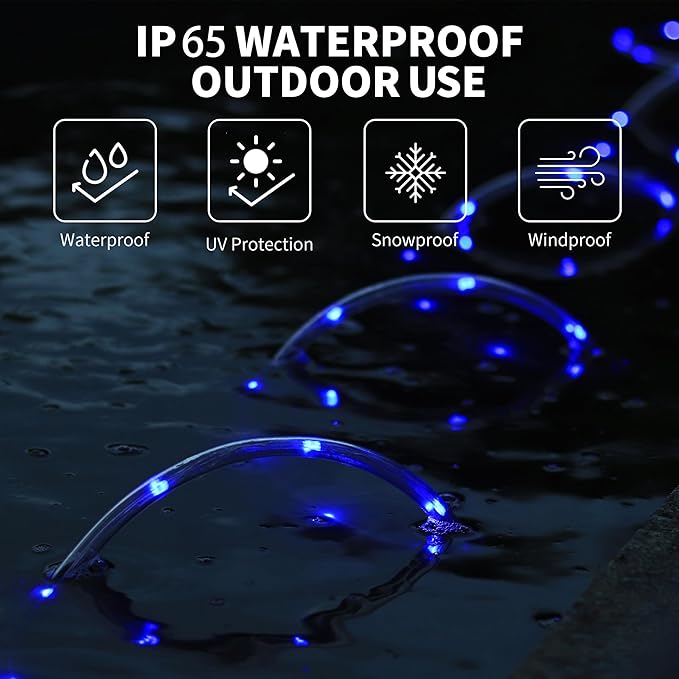 LED Rope Lights for Outside, 20Ft 360°Blue Solar Rope Lights Outdoor Waterproof, 86 LEDs 110V 8 Modes Remote Control Timer Christmas Rope Lights for Party Holiday Garden Decoration (Blue)-VerdiqueGarden