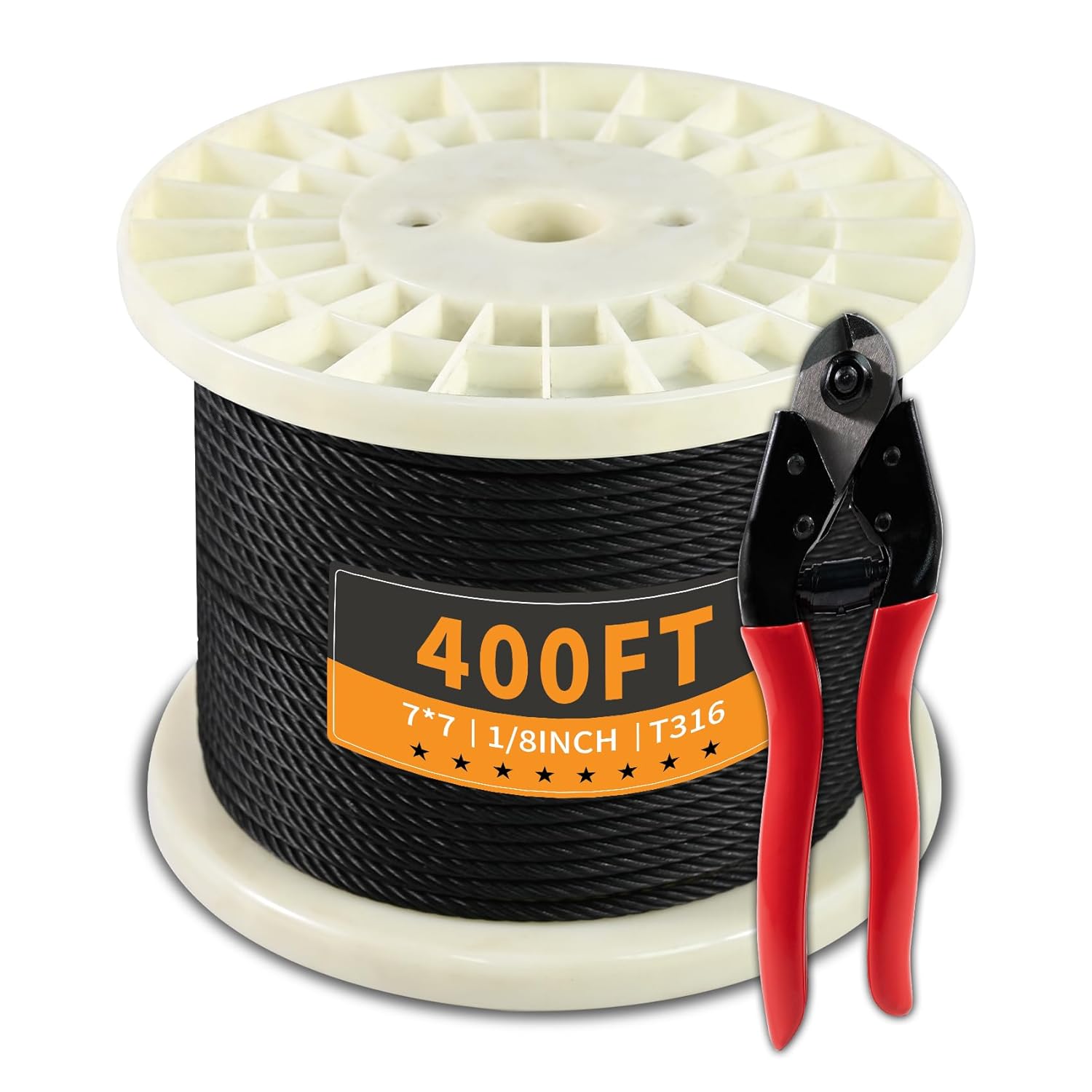 400FT 1/8" Stainless Steel Cable Black 7x7 Strands Aircraft Cable T316 Wire Rope with Cable Cutter 1800lbs Breaking Strength Metal Wire Cable for Deck Cable Railing, Stair, Fence, DIY Balustrades-VerdiqueGarden