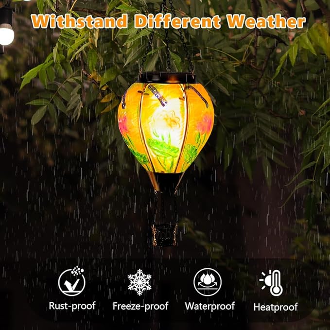 Starsoul Starsoul Dragonfly Hot Air Balloon Solar Lantern Glass Outdoor Hanging Hot Air Balloon Solar Flickering Flame Light Waterproof Garden Patio Yard Party Decorations-VerdiqueGarden