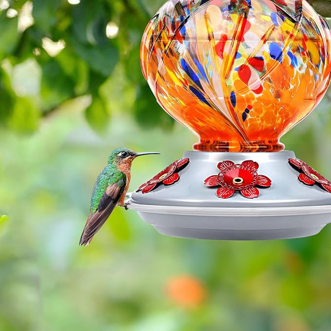 BOLITE Hummingbird Feeder, Hand Blown Glass Hummingbird Feeders for Outdoors Hanging, with Ant Moat and 5 Feeding Ports, 22 Ounces, Peony Flower Shape, Orange, Gifts for Women Men, Gifts for Mom Dad-VerdiqueGarden