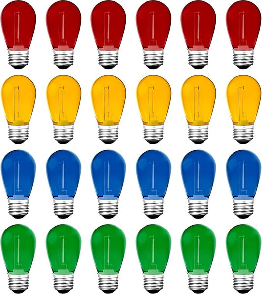 24Pack S14 Colored LED String Light Bulbs,1Watt Plastic Shatterproof Waterproof Outdoor Indoor Replacement Bulbs for Home Decor, E26 Medium Base, Multi-Color: Red/Green/Blue/Orange-VerdiqueGarden