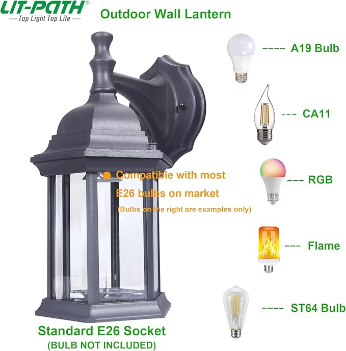 LIT-PaTH Outdoor Wall Lantern, Wall Sconce as Porch Lighting Fixture, E26 Medium Base Max 60W, Aluminum Housing Plus Glass, Matte Black Finish, 1-Pack-VerdiqueGarden