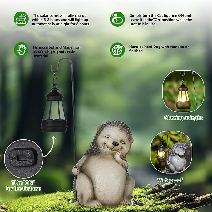Solar Hedgehog Statue Garden Decor, Solar Hedgehog Statue Lights Outdoor, Waterproof for Patio, Balcony, Yard, Lawn, Father Day & Mother Day Garden Housewarming Gifts for Women, Men, Mom, Dad, Grandma-VerdiqueGarden