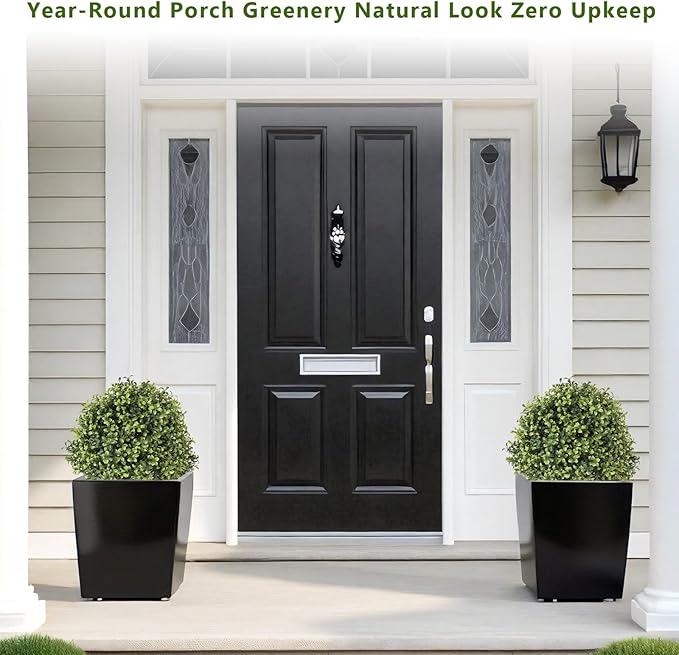 THE BLOOM TIMES 2ft Faux Boxwood Plants Outdoor Set of 2, Topiary Balls Artificial Outside Trees, 24" UV Resistant Fake Greenery Bushes & Shrubs for Front Porch Planter-VerdiqueGarden