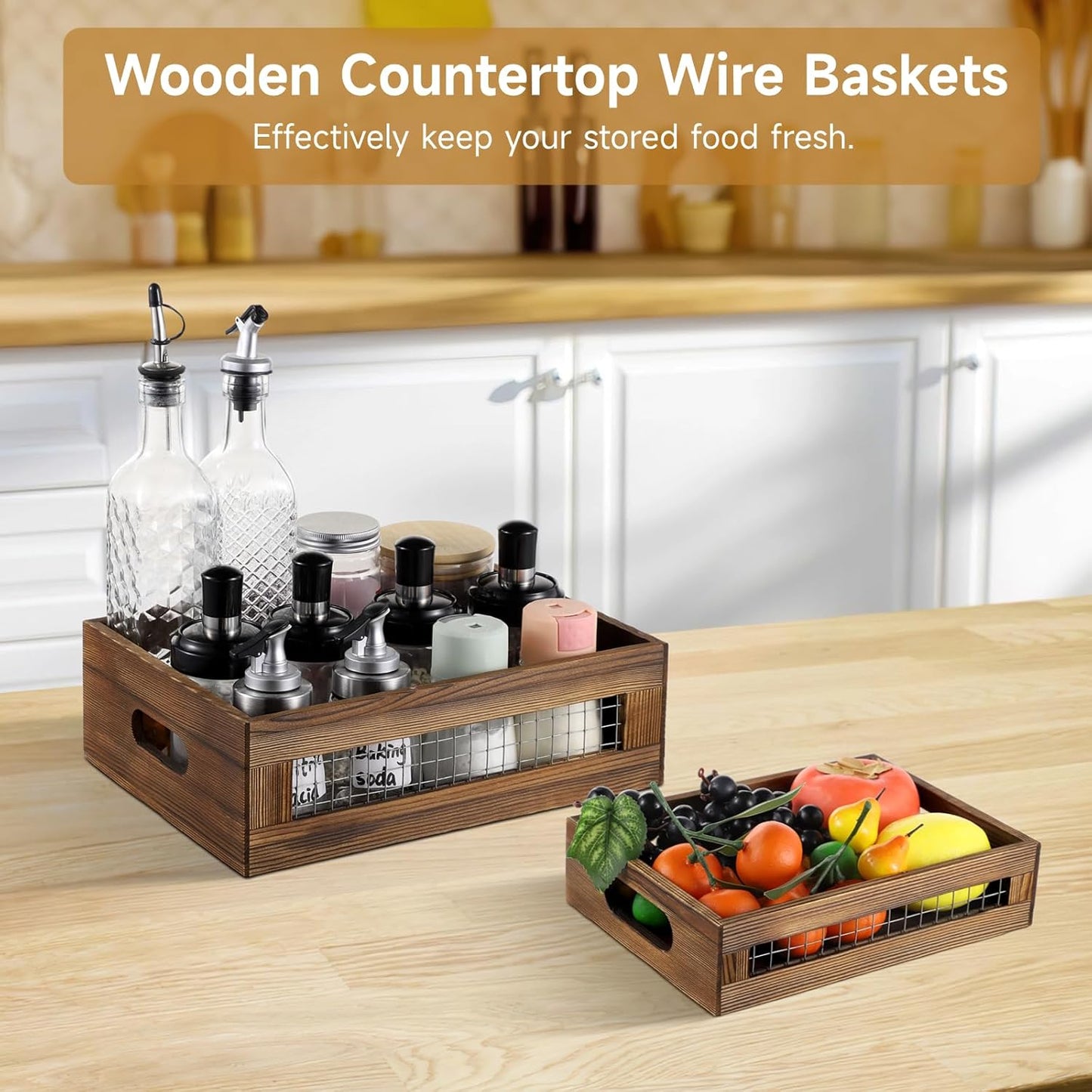 4 Pcs Wooden Nesting Countertop Baskets, 4-Size Rustic Storage Boxes, Wood Wire Containers with Handles, Multipurpose Decorative Organizer Crates for Fruits, Veggies, Kitchen, Pantry-VerdiqueGarden