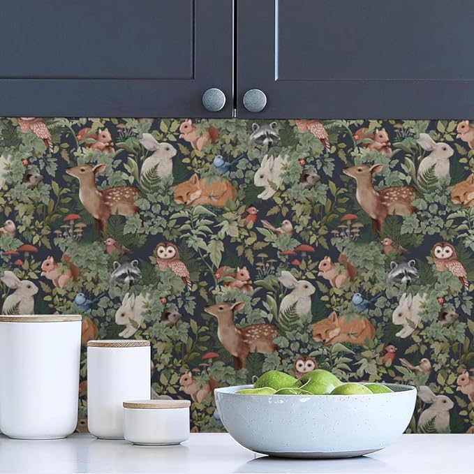 Animal Leaf Forest Deer Rabbits Squirrel Owl Green Plants Peel and Stick Wallpaper Self Adhesive Removable Easy Peel Off Contact Paper Stick on Wall Paper for Bedroom&Renter-VerdiqueGarden