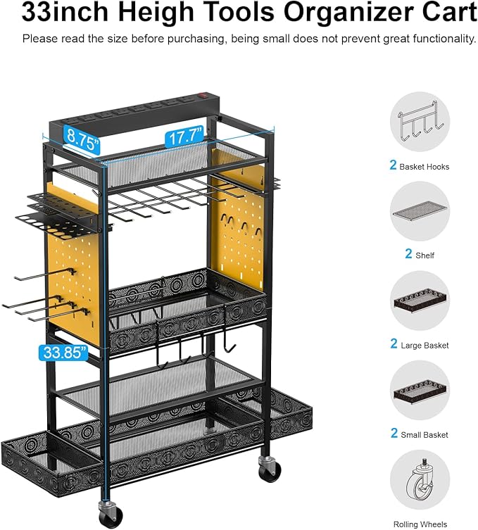 CCCEI Garage Power Tools Organizer Cart with Charging Station, Yellow Floor Standing Rolling Drill and Tools Battery Storage Cart on Wheels. Utility Rack Gift for Men, Husband, Father.-VerdiqueGarden