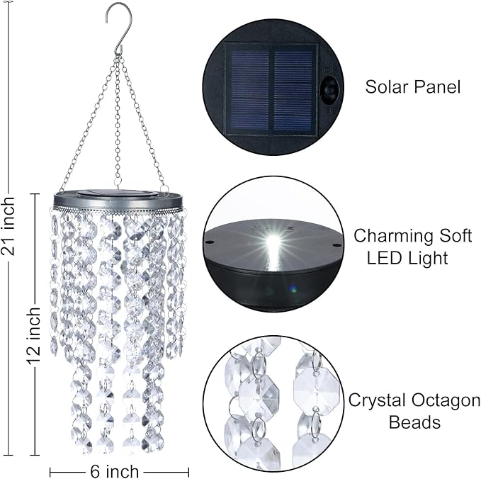 Hanging Solar Crystal Chandelier Outdoor, 21” Modern Solar Transparent Acrylic Beaded Lantern with Cool White LED S Hooks for Garden Yard Patio Gazebo Outside Decor-VerdiqueGarden