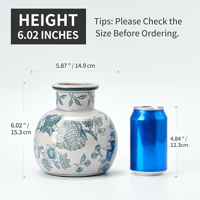 SIDUCAL Blue and White Vintage Vase | 6 Inch Ceramic Chinoiserie Floral | Retro Ice Cracked Blue and White Porcelain Vase for Table, Living Room, Bathroom Decoration, Wedding, Shelf Decor, Mantel-VerdiqueGarden