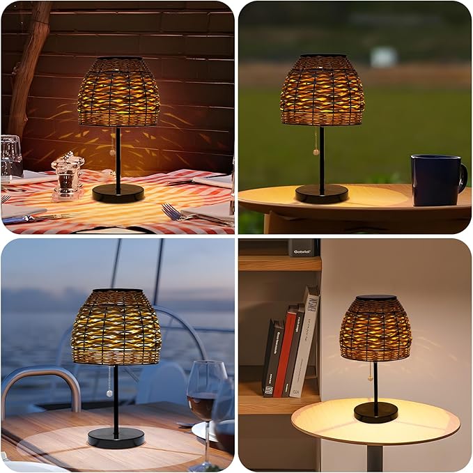 Outdoor Solar Table Lamp,3 Color Temperatures Bedside Lamps with USB-C Ports,Boho Desk Lamps Pull Chain Table Lamps with Black Metal Base for Garden,Yard,Patio,Lawn Outdoor Decor-VerdiqueGarden