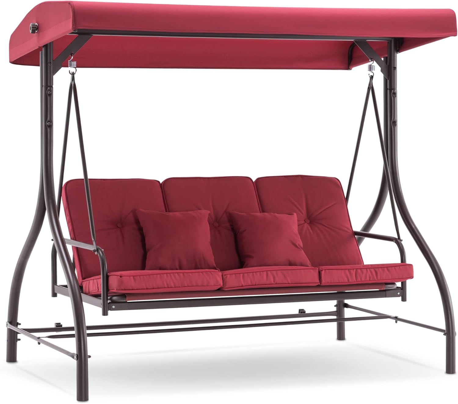 MCombo 3-Seat Outdoor Patio Swing Chair, 2-in-1 Convertible Porch Swing Glider Chair with Removable Cushions, Adjustable Canopy & Pillows for Backyard, Deck, Garden, 4068 (Burgundy)-VerdiqueGarden