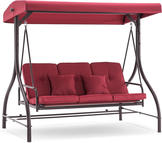 MCombo 3-Seat Outdoor Patio Swing Chair, 2-in-1 Convertible Porch Swing Glider Chair with Removable Cushions, Adjustable Canopy & Pillows for Backyard, Deck, Garden, 4068 (Burgundy)-VerdiqueGarden