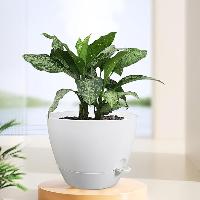 12 inch Large Self Watering Pots for Indoor Outdoor Plants, Plant Pots with Mesh Drainage Holes for Garden House Plants, Plastic Planters with Reservoir for Flower Plants, White-VerdiqueGarden