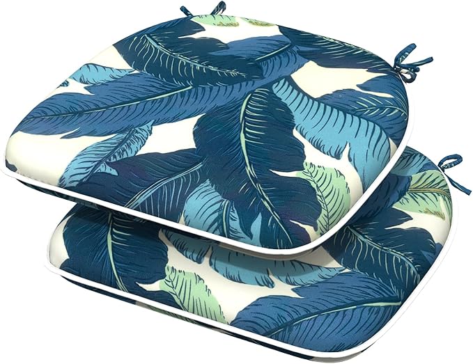 Indoor/Outdoor Chair Cushions 16x17 Inch, Patio Chair Cushions with Ties, All Weather Seat Cushions for Patio Furniture Home Garden Chair Use, Set of 2, Swaying Palms Blue-VerdiqueGarden