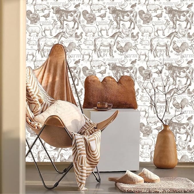 Boho Rustic Farm Animals Cow Rooster Horse Turkey Peel and Stick Wallpaper Self Adhesive Removable Easy Peel Off Stick on Wall Paper for Bedroom Cabinet Renter-VerdiqueGarden