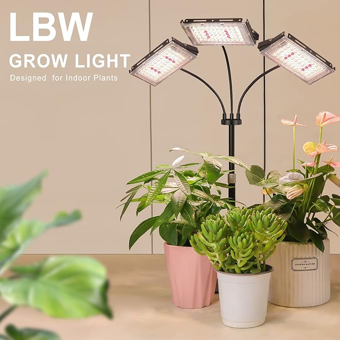 LBW Plant Grow Light, Full Spectrum Tri-Head Desk Plant Light for Indoor Plants, Growing Lamp with 3H/6H/12H Timer, 6-Level Brightness, 3 Lighting Modes, Height Adjustable, Ideal for Indoor Growth-VerdiqueGarden