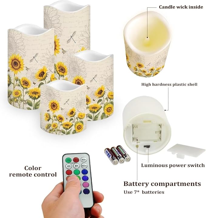 Ystardream Elegant Sunflower Flameless Candles Color Changing LED Candles with Remote Control Battery Candles for Outdoor and Indoor Home and Room Decoration,Backpack Set of 4 Piece-VerdiqueGarden