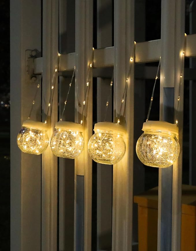 Solar Lantern Solar Lights Outdoor Waterproof 2-Pack, Solar Powered Hanging Lights Cracked Glass Hanging Globes for Christmas Decoration, Shepherd Hook, Garden Tree Ornaments, White Cap, Warm White-VerdiqueGarden