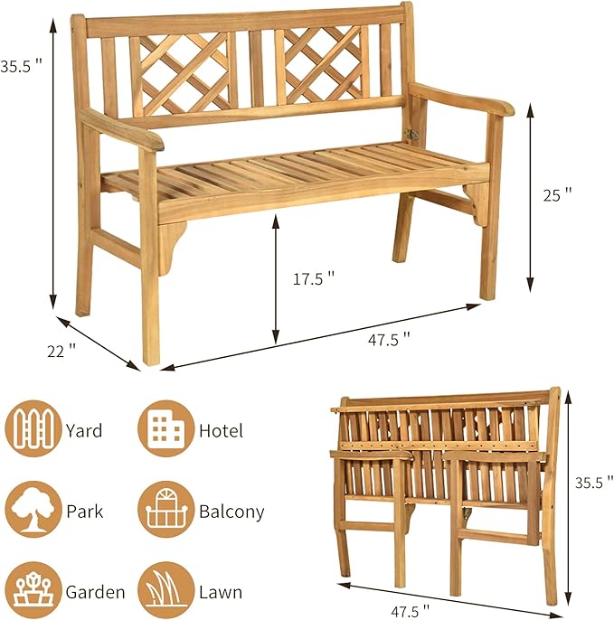 Tangkula Folding Outdoor Wood Garden Bench, Foldable Acacia Wood Patio Bench with Wide Curved Armrest & Backrest, Outside 2-Person Loveseat Chair for Entryway, Yard, Deck, Balcony & Park-VerdiqueGarden