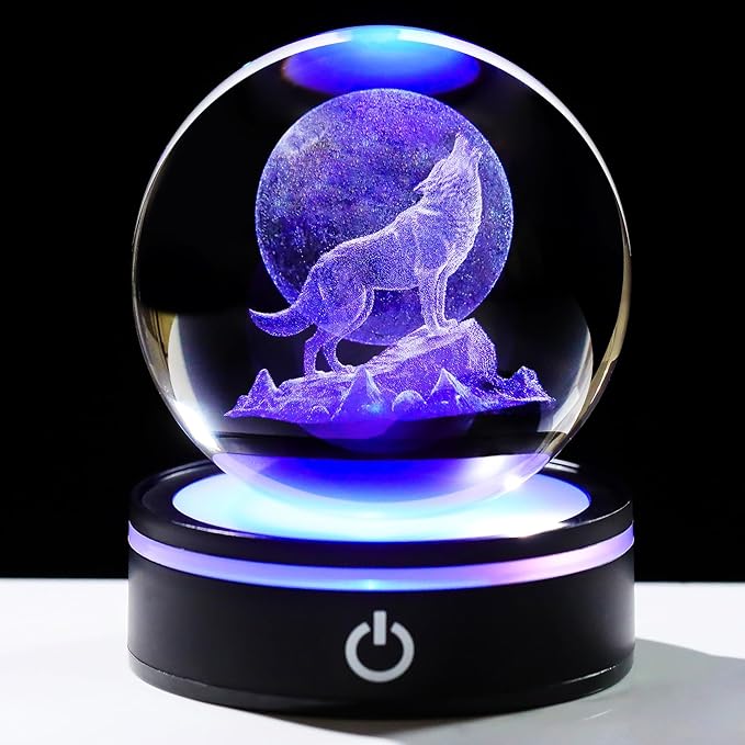 YWHL 3D Crystal Ball Moon Wolf Figurine with Colorful LED Base, Laser Wolf Gifts for Women Men Wolves Lovers on Christmas Birthday, Wolf Statue Glass Animal Decorative Ball for Home Decor (80mm)-VerdiqueGarden