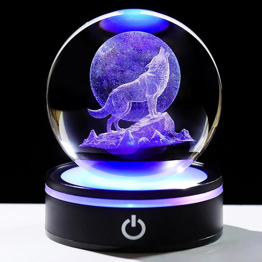 YWHL 3D Crystal Ball Moon Wolf Figurine with Colorful LED Base, Laser Wolf Gifts for Women Men Wolves Lovers on Christmas Birthday, Wolf Statue Glass Animal Decorative Ball for Home Decor (80mm)-VerdiqueGarden