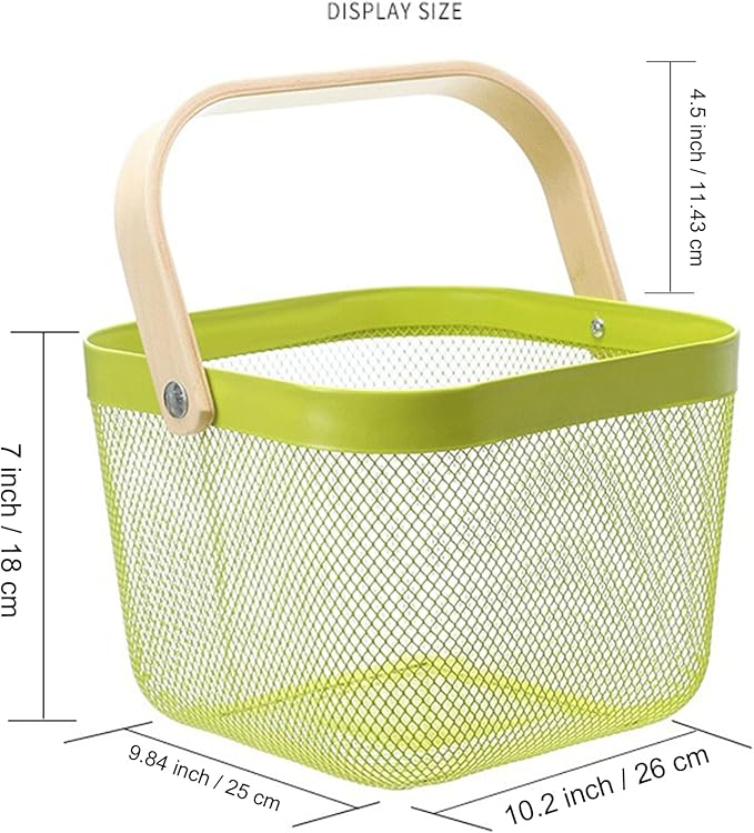 Metal Mesh Steel Basket, Storage Organizer Basket Multi-functional Hanging Kitchen Baskets Fruit Basket with Wooden Handle for Kitchen Bathroom Picnic Shopping Decor Cabinet Home, Macaron Green-VerdiqueGarden
