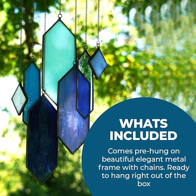 Stained Glass Window Hanging Sun Catcher - Blue Wall Art, Earth Tones Modern Design, Fully Assembled, Ready to Hang, Home or Garden Decor-VerdiqueGarden