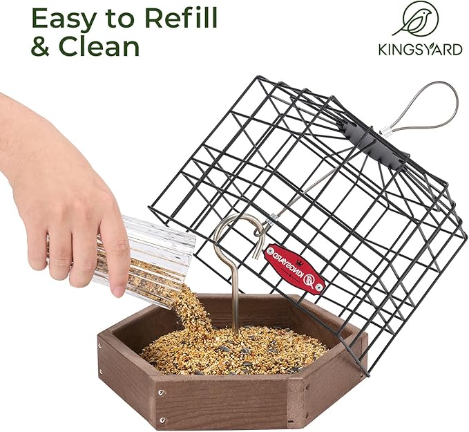 Kingsyard Squirrel Proof Platform Bird Feeders for Outdoor Hanging, Caged Bird Feeder for Small Wildbirds Finches, Recycled Plastic Feeding Platform with Metal Seed Tray, Brown-VerdiqueGarden