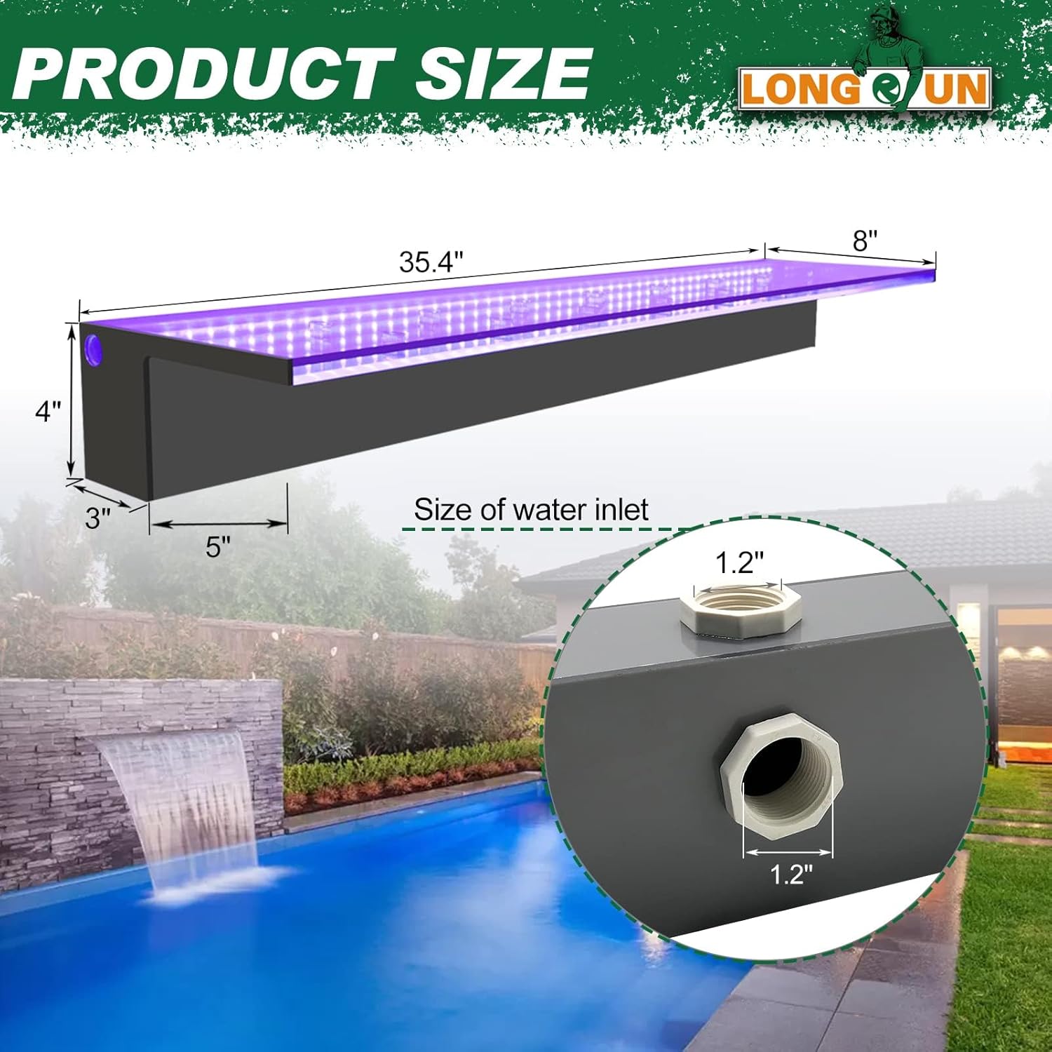 LONGRUN Acrylic Waterfall Spillway Multi-Color LED Light Pool Fountain, Water Spillway Outdoor Koi Pond Waterfalls Fountains Kit for Garden Koi Ponds Patio Swimming Pool Decoration-35.4"-VerdiqueGarden