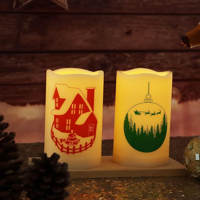 Outdoor Battery Operated Flameless Pillar Candles Auto Daily Timer Waterproof Realistic Flickering Electric LED Lights Snow House Christmas Ball Tree Decals Xmas Decorations 3”X5” 2 Pack-VerdiqueGarden